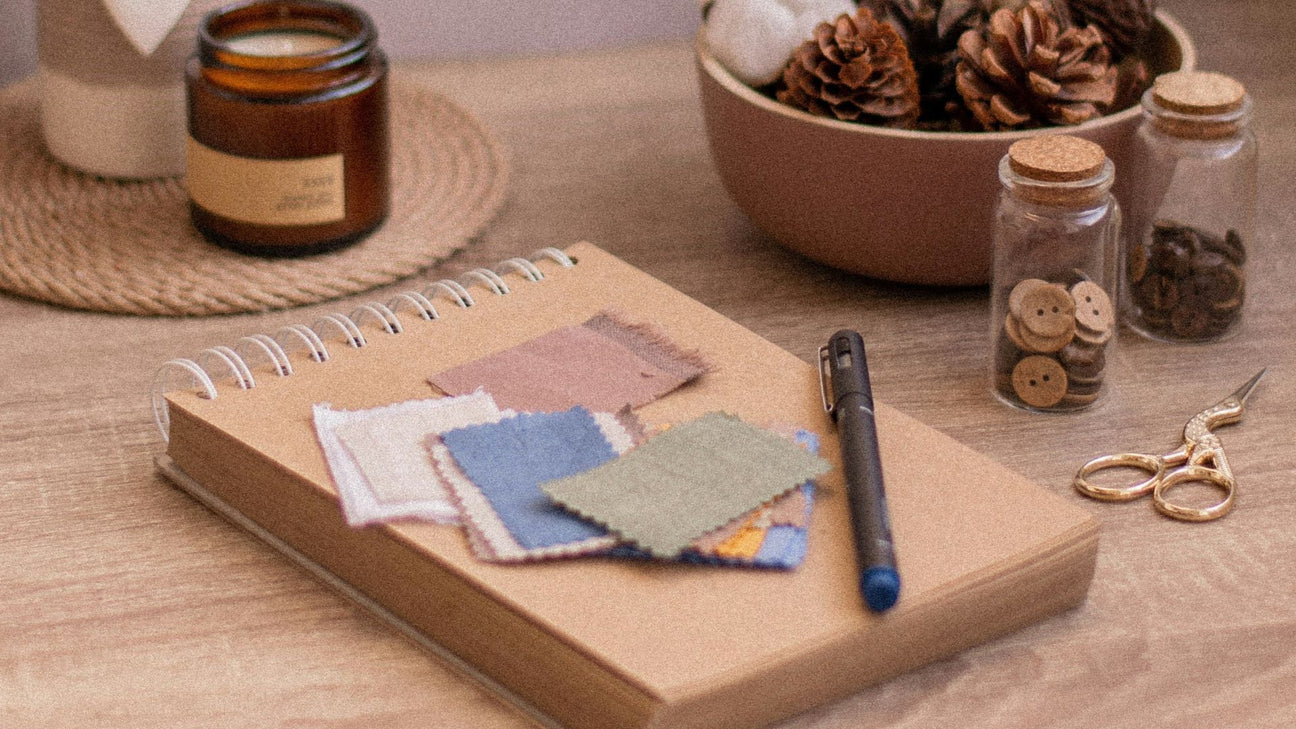 Soft-focused view of a contemplative creative ritual space with pine cones in a bowl, dried flowers, and craft materials suggesting a moment of pause in liminal transition.