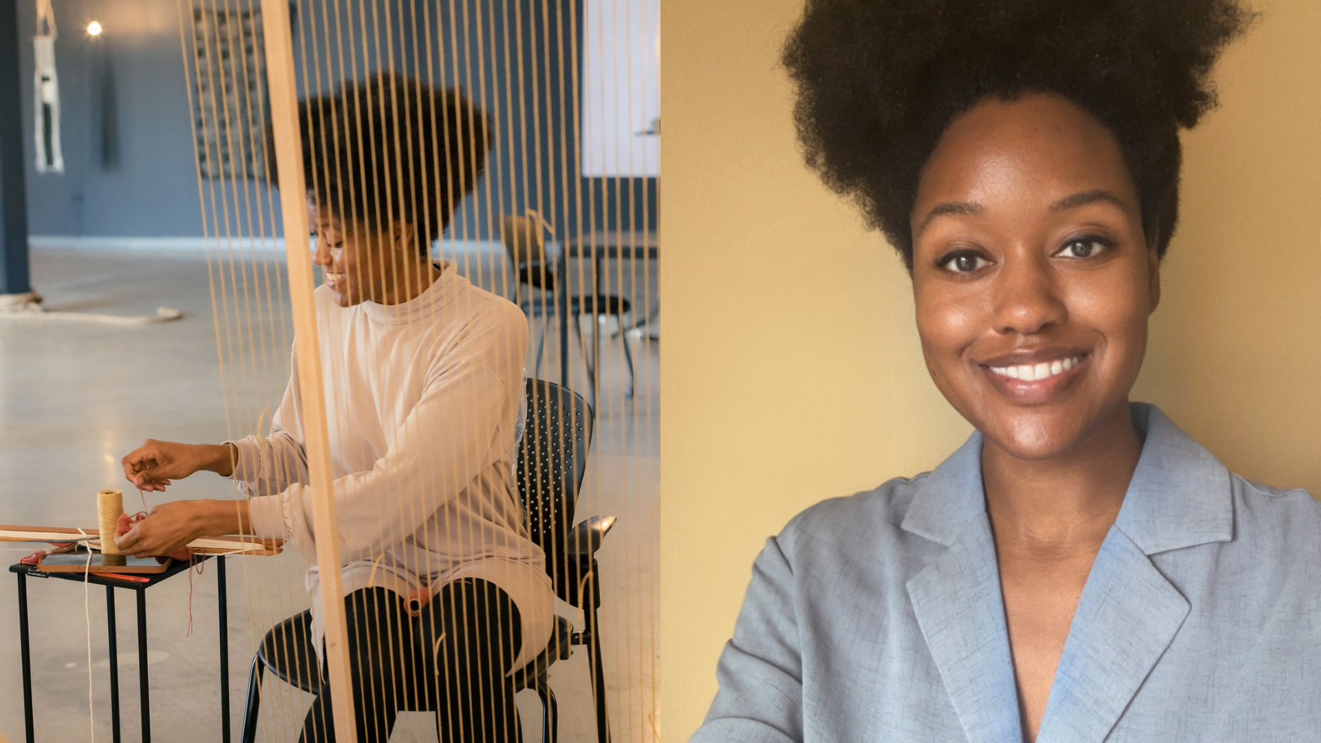 Two images of Dea Jenkins; one of her weaving on a large loom and the other of her smiling.
